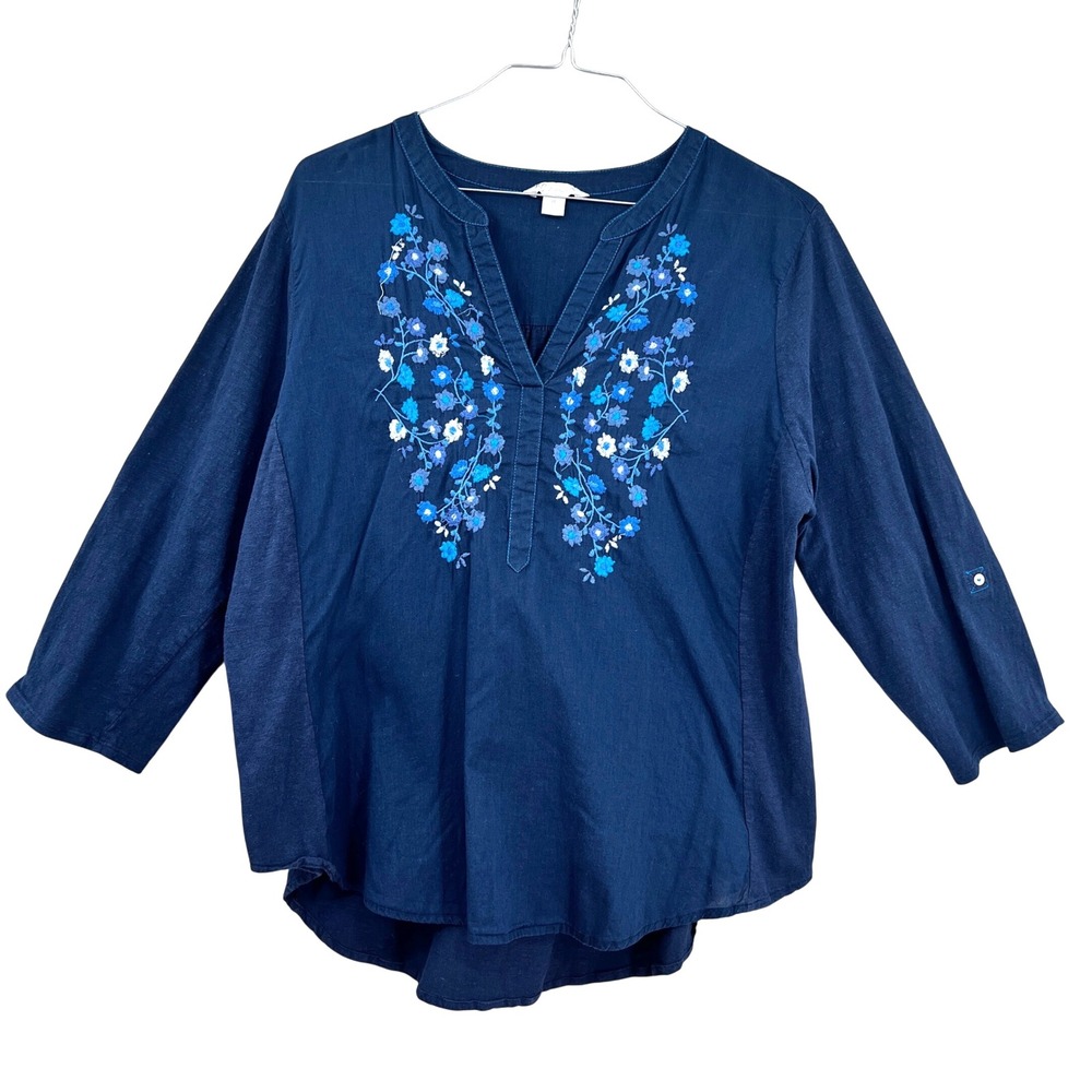 KC Khakis &‎ Co. Embroidered Floral Blue Cotton Top Tunic Blouse XL